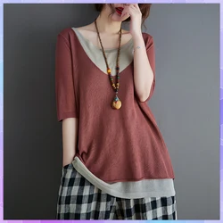 Plus Size knitted T-shirt Women Cotton And Linen Tee shirts Fake Two-Piece Top Female Loose Short-Sleeved Summer Casual Tops