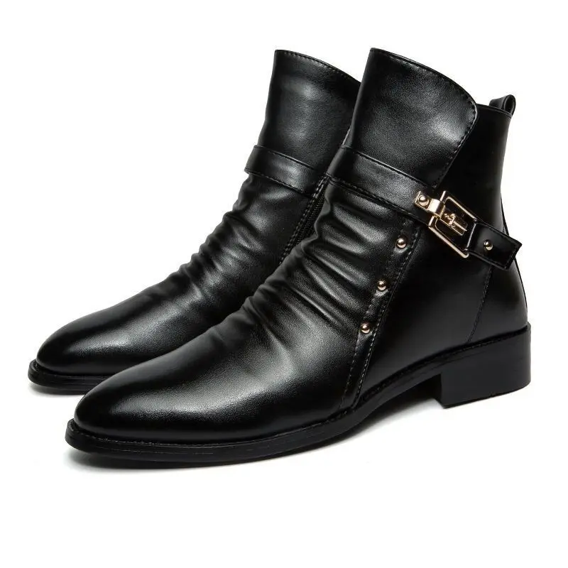 Idopy New Spring Autumn Men Cosplay Pointed Toe Gothic Faux Leather Boots Male Punk Leather Biker Black Shoes Motorcycle Booties