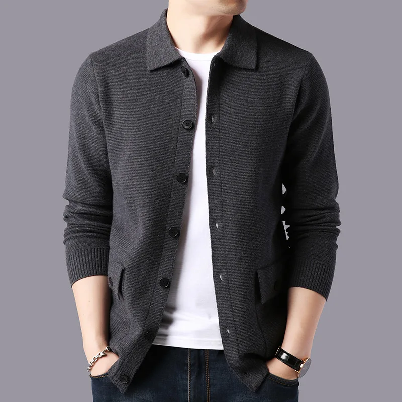 New 2023 High Quality Cardigan Men Knitting Sweaterscoat Autumn Winter Casual Sweater Jackets Solid Turn Down Collar Knitted Man