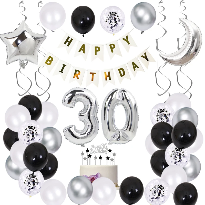 Silver 30th Birthday Party Decorations Adult Set Banner Cake Topper Anniversary Years Birthday Party Balloon Supplies