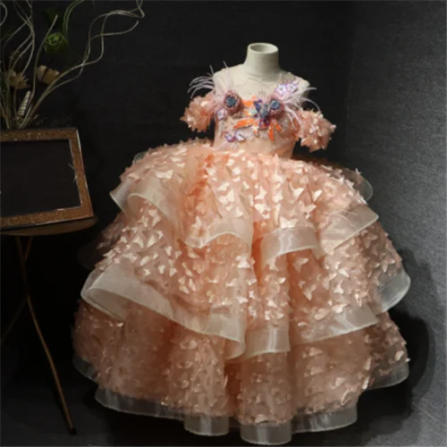 High Quality Real Flower Girl Dress Long Sheer Neck Tiered Handmade Butterfies Kids Clothes Children Birthday Dress 1-14Y