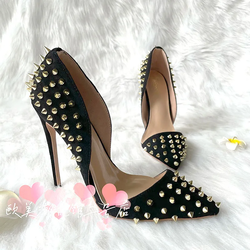 TOMONYE  black suede gold rivets stud open in the middle plus big size46  extra small size33 women lady 120mm high heel shoes