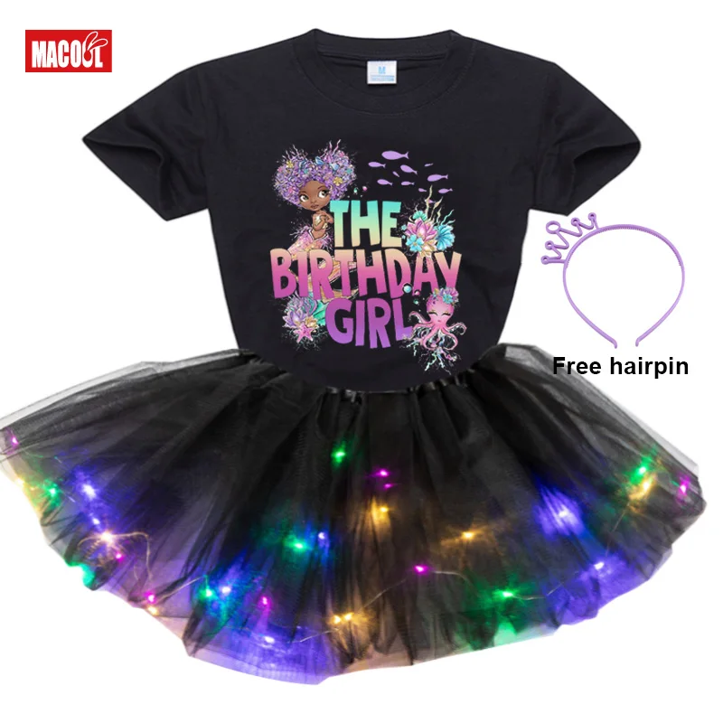 Black Mermaid Dolphint Shirt Set Girl Dress Sets Princess Girl Set The Birthday Girl Dress Party 2Pc Light Dress+t Shirt Present