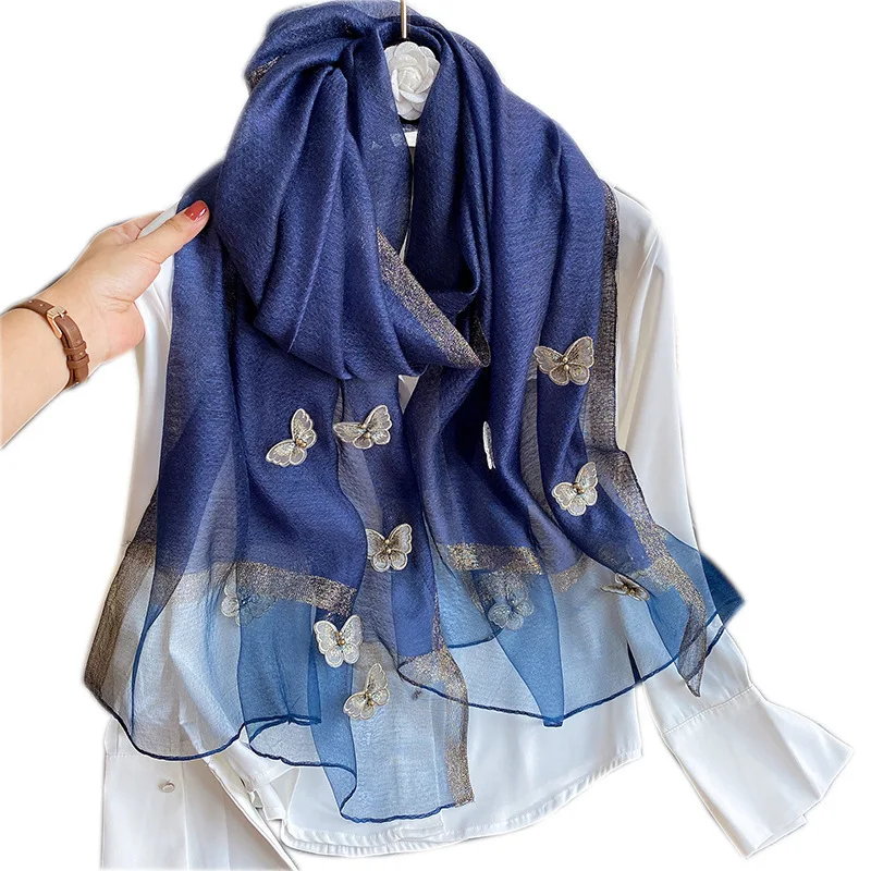 2024 Real Winter Hijab Winter New Silk Wool Scarves Women Fashion Embroidery Butterfly Beads Warm Long Shawl Solid Color Scarf
