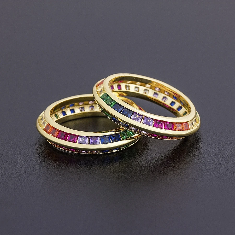 Top Quality Copper Zircon Rings Fashion Gold Color Party Jewelry 4 Sizes Choice For Women Couples Colorful Wedding Rings Gift