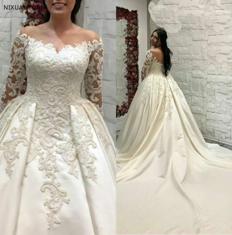 Vestido de novia de satén de encaje árabe saudita, vestidos de novia de manga larga con cuello redondo, tren de la Catedral, talla grande