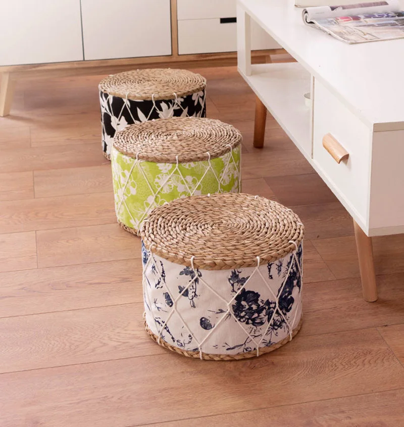 30x30x20cm Handmade Straw Woven Round Low Stool Japanese-style Tatami Futon Living Room Sofa Stepstool Shoe Changing Stool