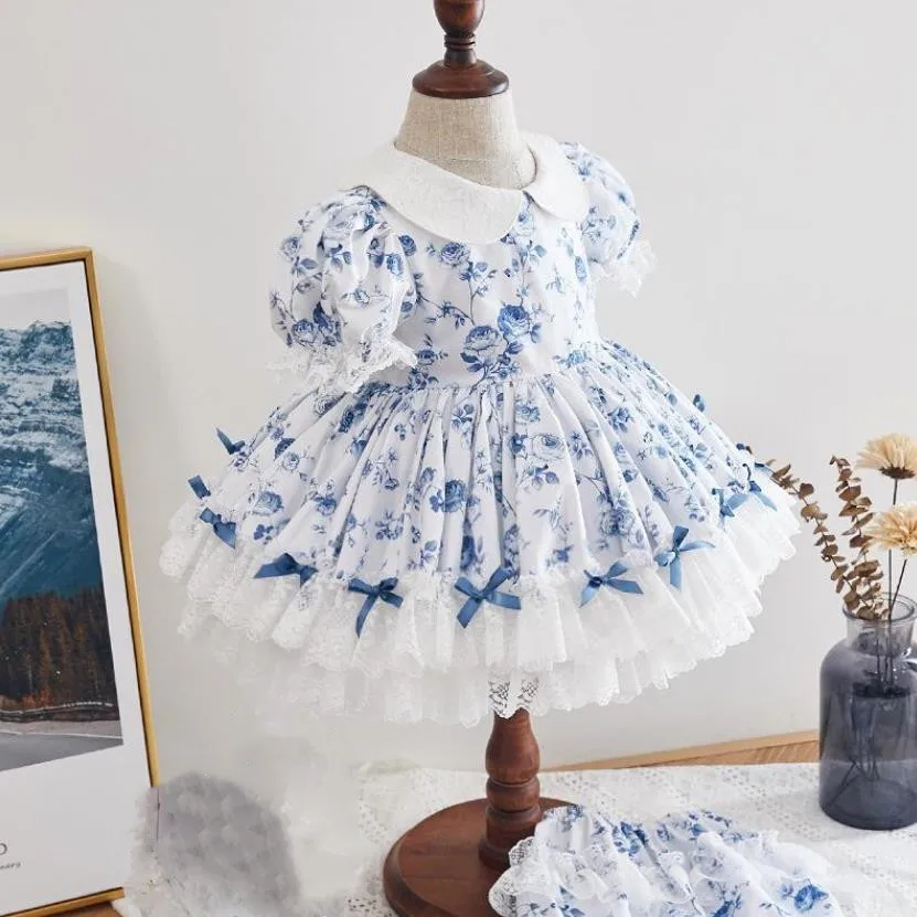 2PCS Baby Clothing Summer Spanish Lolita Ball Gown Lace Bow Print Design Turkey Vintage Princess Dresses For Girls Eid Y2925