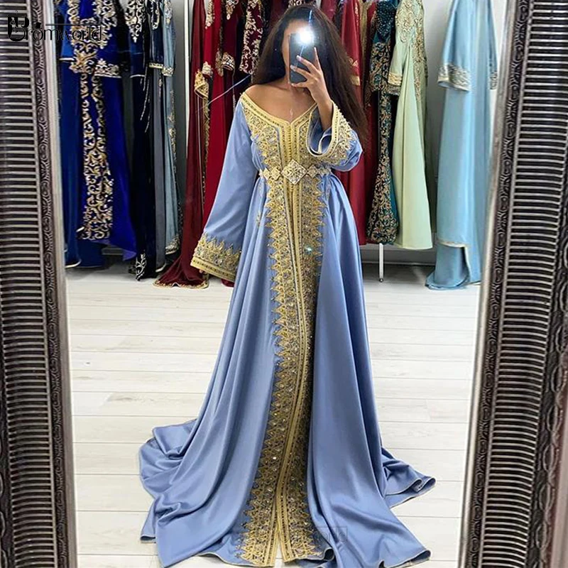 Azul marroquino caftan vestidos de noite mangas compridas roupões de soirée renda frisada a linha dubai árabe muçulmano formal baile de formatura vestido 2022