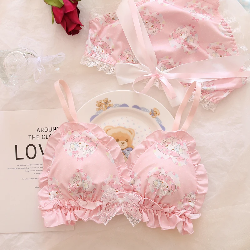 Lolita Women\'s Cute Milk Ruffle Anime Print Bra & Panties Lingerie Set Japanese Girl Bras Briefs Underwear Lovely Pink Bra Set