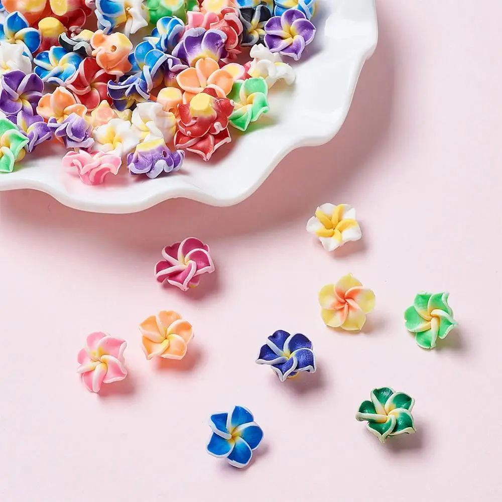 200pcs Mixed Color Handmade Polymer Clay 3D Flower Plumeria Beads 12/15/20mm for Earring Necklace Bracelets Making DIY Hole: 2mm