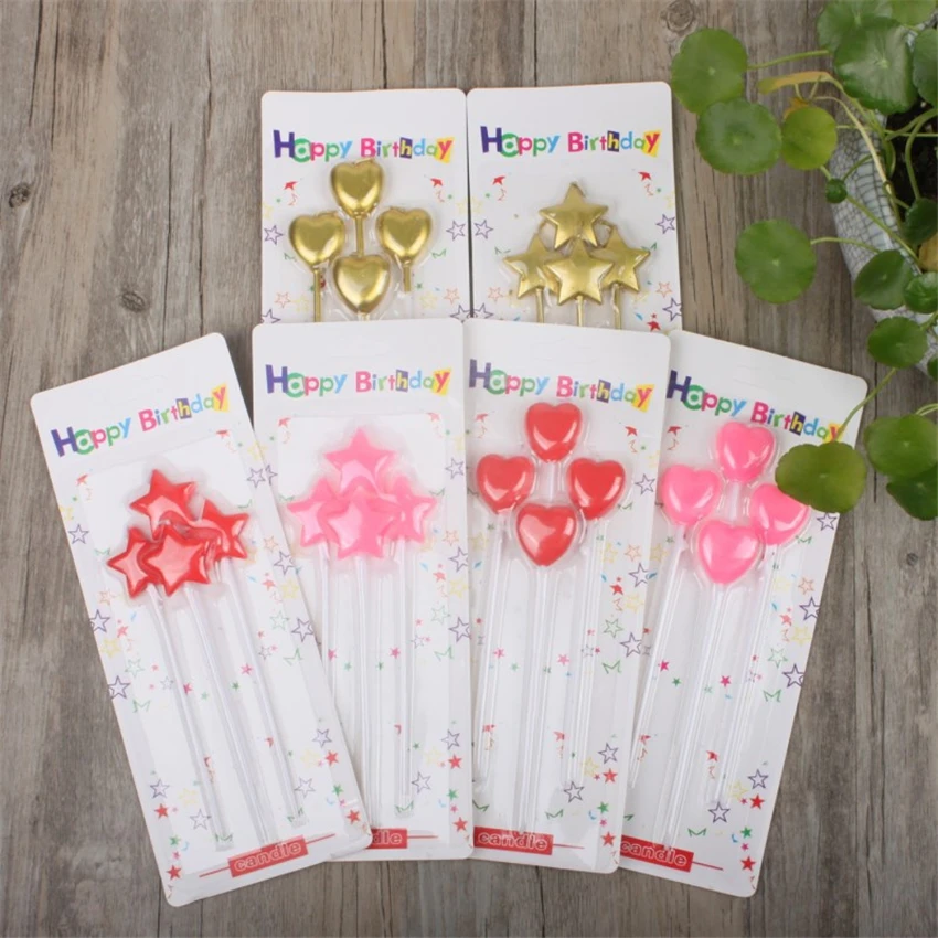 4Pcs/Set Cute Heart Star Shape Birthday Decor Candles, Kids Birthday Party Festival Wedding Cake Candles, Home Table Ornaments