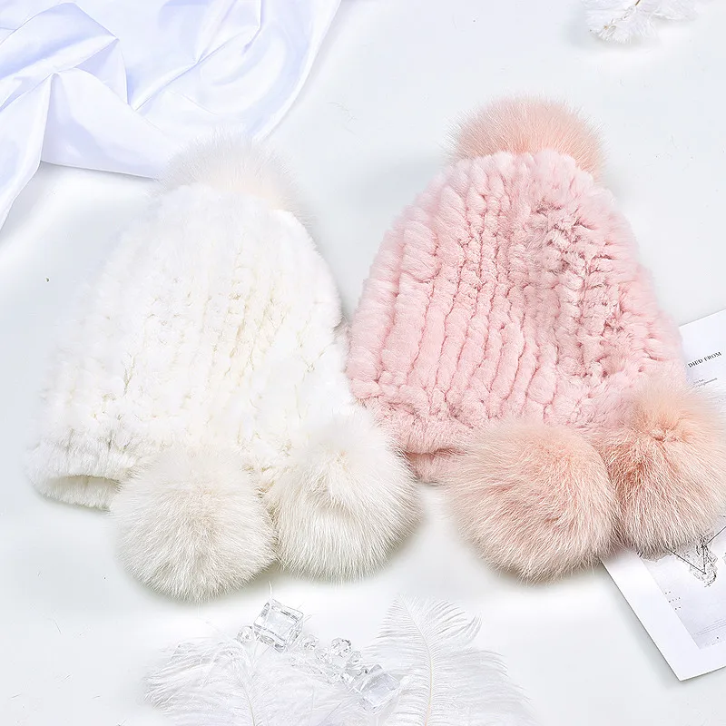 Chapeau et écharpe en fourrure de lapin véritable Rex, pour enfants, filles et garçons, bonnets tricotés chauds et pelucheux pour l'hiver et le cou