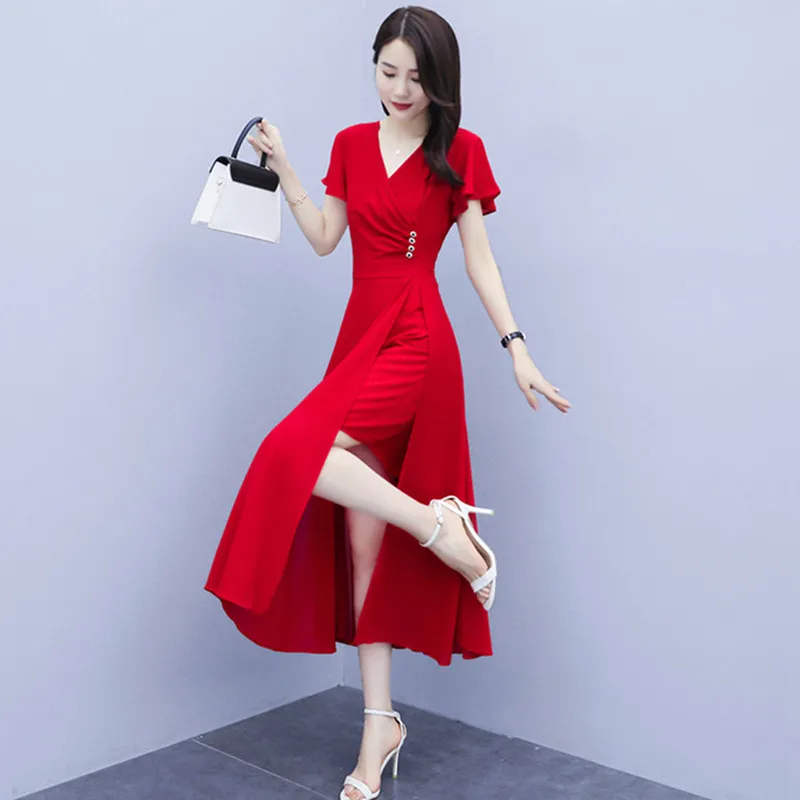 M-3XL Women Chiffon Long Dress Summer 2024 New Fashion Elegant Short-sleeve Split Hem Slim Thin Full Dresses Female Red Black