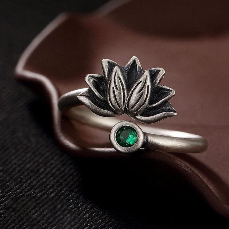 Original design lotus Thai silver retro opening adjustable ring Chinese palace bohemian charm women's brand jewelry