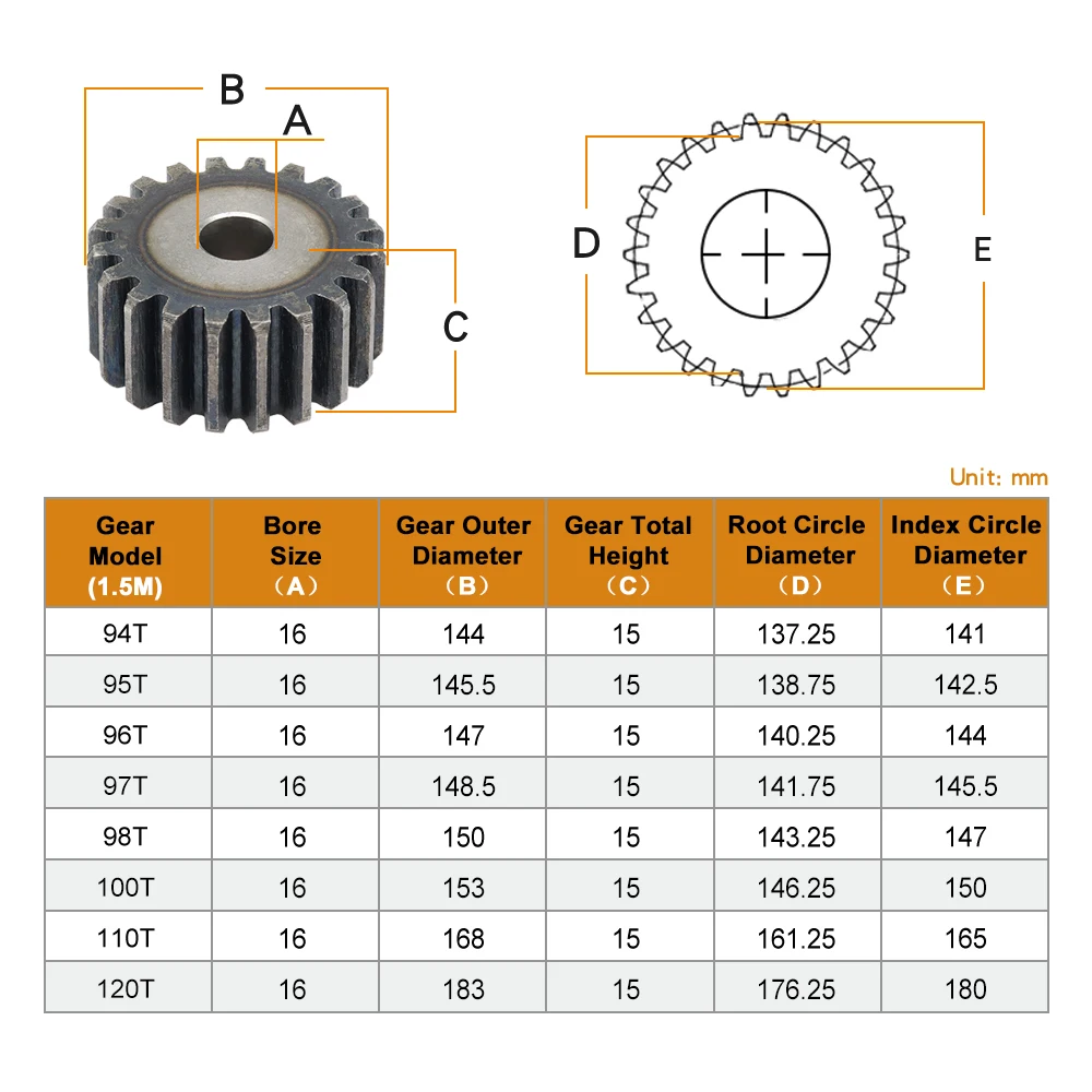 Spur Gear 1.5M-94/95/96/97/98/100/110/120 Teeth SC45# Carbon Steel Material Cylindrical Gear High Frequency Quenching Teeth