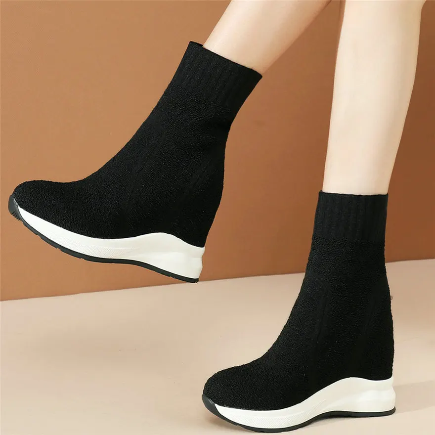 

Casual Shoes Women Black Knitting Wedges High Heel Platform Pumps Shoes Female Round Toe Fashion Sneakers High Top Ankle Boots