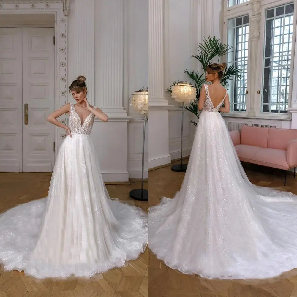 2020 vestidos de novia Línea A cuello en V profundo sin mangas Apliques de encaje vestidos de novia por encargo espalda descubierta vestido de novia del tren de barrido