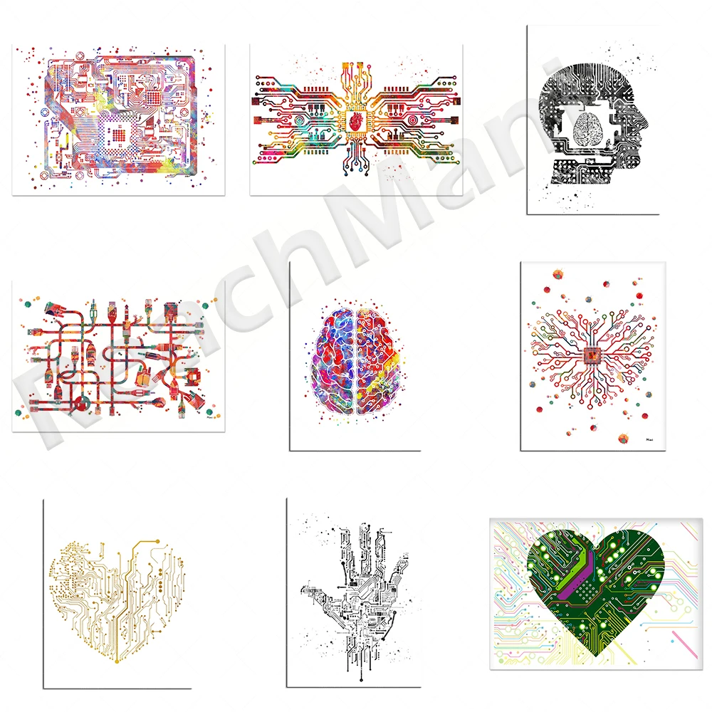 With heart-shaped watercolor printing, circuit heart human head brain computer watercolor art circuit board poster printing