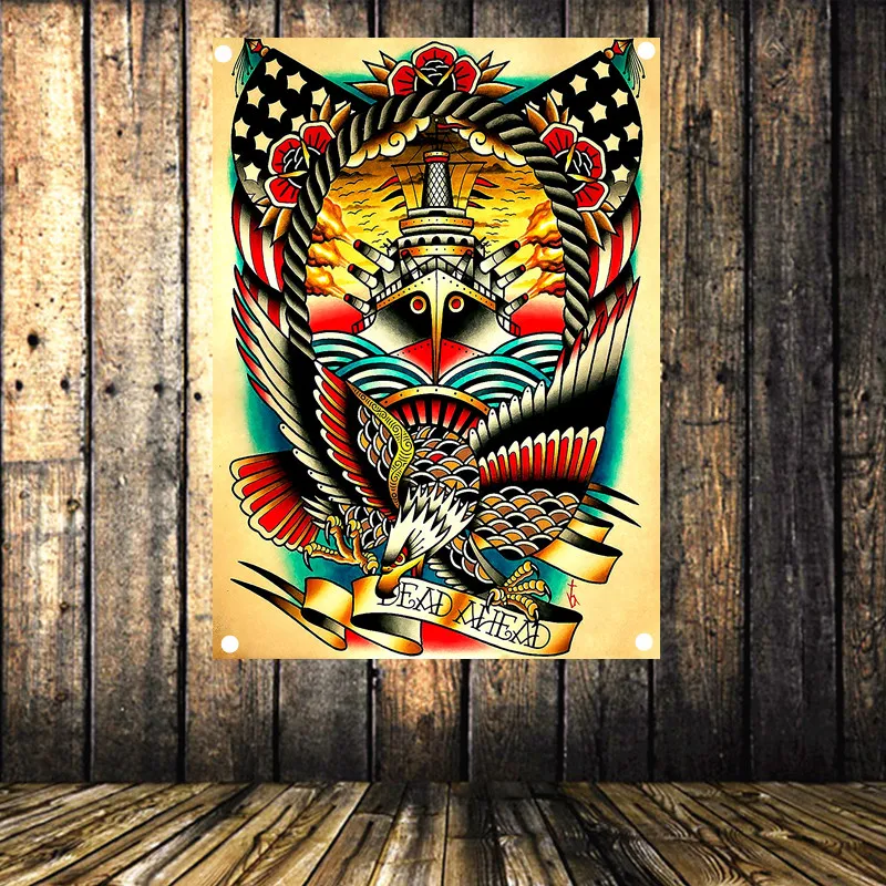 Retro tattoo banner Heavy metal rock music Poster Halloween Flag Wall Hanging Tapestry Stickers Canvas painting HD Print Art