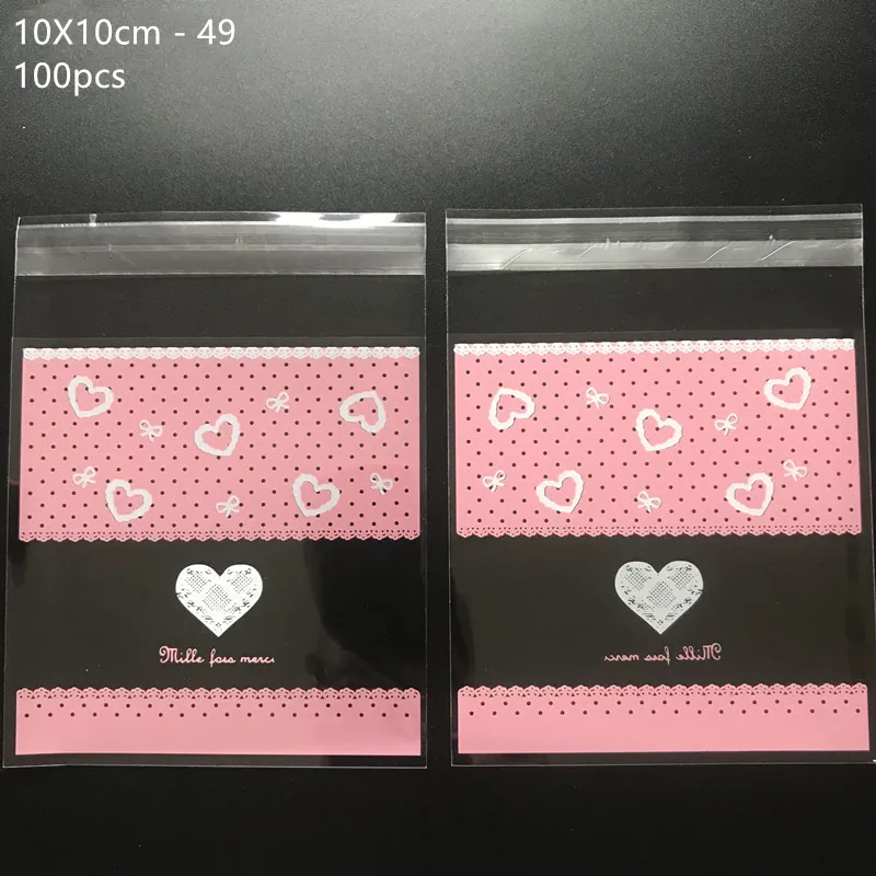 100pcs/lot 10*10cm Bow lace Candy Cookie Biscuits Packaging Bags Self Adhesive Plastic Bags Wedding Birthday Gift Bag
