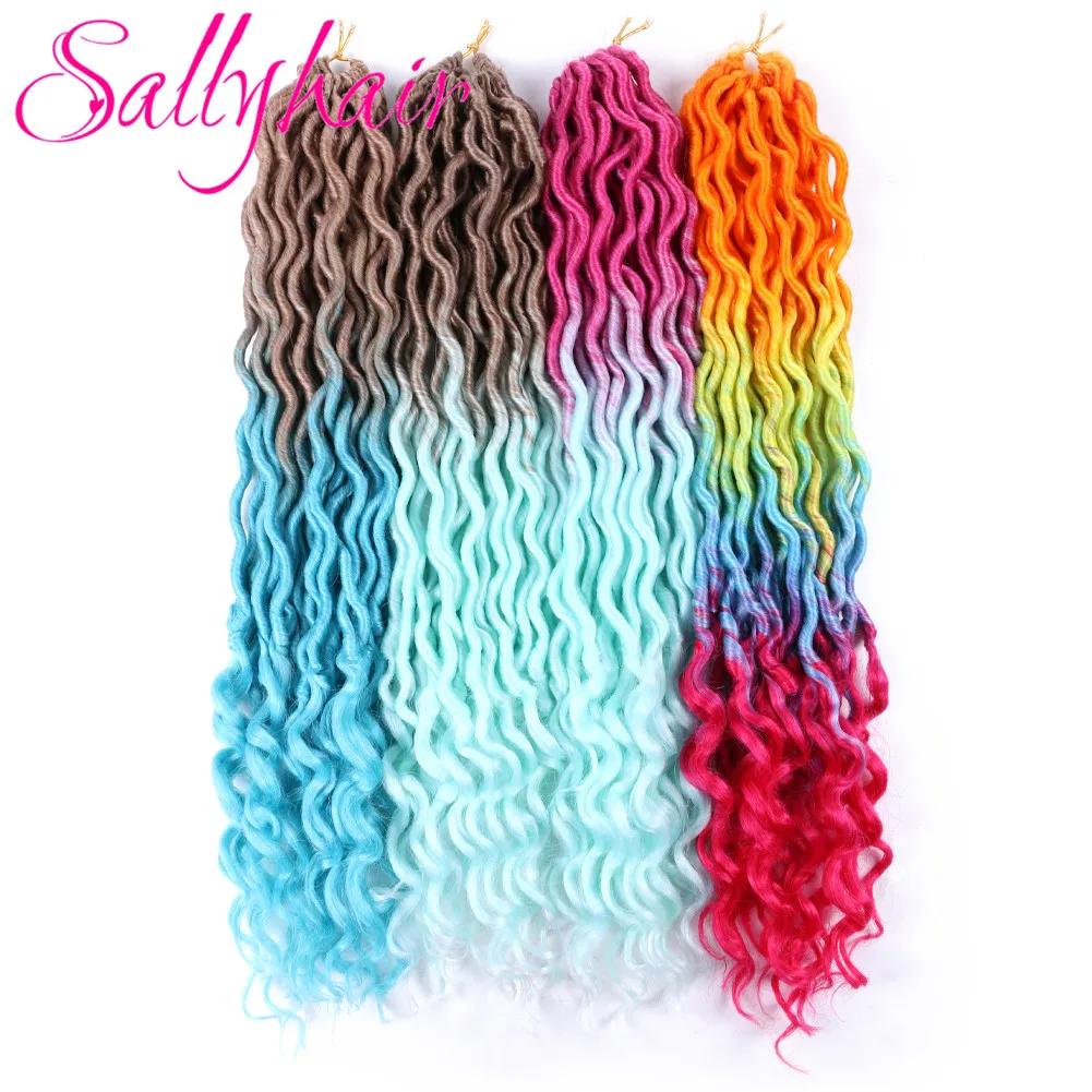 Sallyhair 24 Strands/Pack Faux Locs 컬리 크로 셰 뜨개질 브레이드 헤어 익스텐션 20inch Synthetic Ombre Braiding Hair 퍼플 루스 엔드