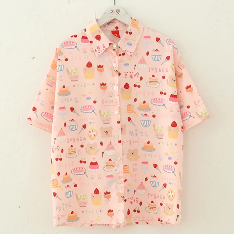 Summer Women Kawaii Strawberry Cake Print Short Sleeve Shirts Cute Tops Camisas Mujer JK Style School Girls Button Casual Blusas