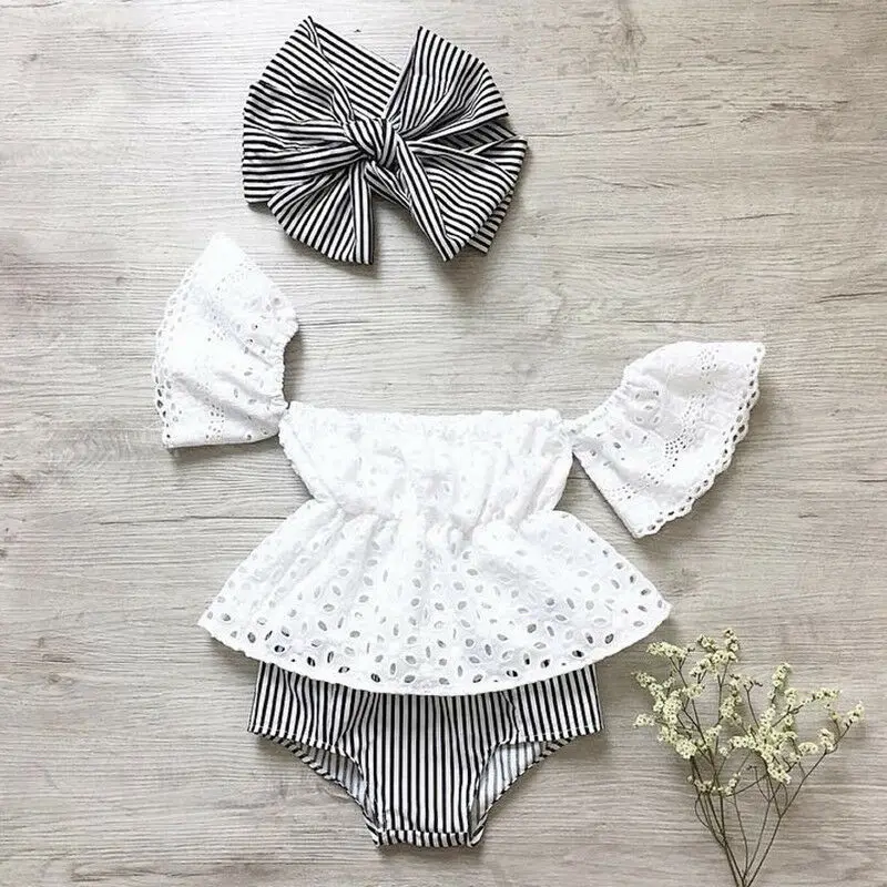 0-24M Baby Girls Summer Clothes Set Newborn Infant Lace Off Shoulder Short Sleeve Top  + Stripe Shorts + Headband 3Pcs Outfits