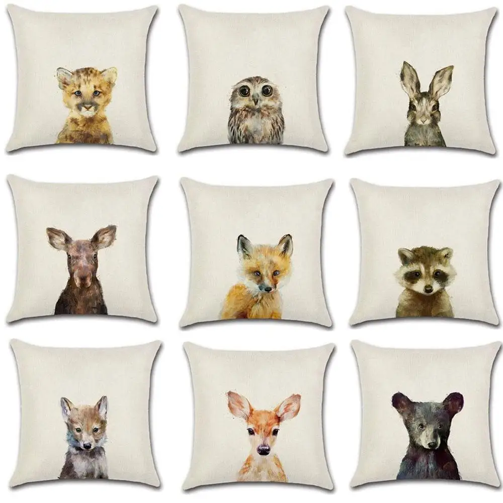 Funda de cojín con estampado de conejo de dibujos animados, funda de almohada de algodón y lino con oso y búho, fundas de almohada decorativas para sofá, funda de almohada
