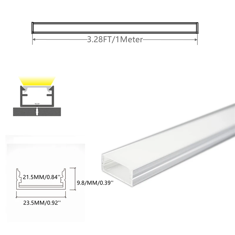 5/10-Pack 3.3FT 1M Strip kanał aluminiowy w kształcie litery U z dyfuzorem, pod szafką licznik dwurzędowa taśma LED profil oświetleniowy