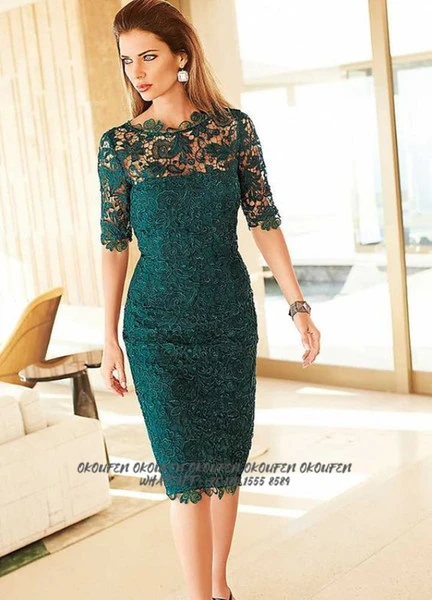 

Lace Short Mother Of The Bride Dresses Half Sleeves Sheer Neck Teal Green Spring Summer Knee Women Formal Wedding Party Gowns