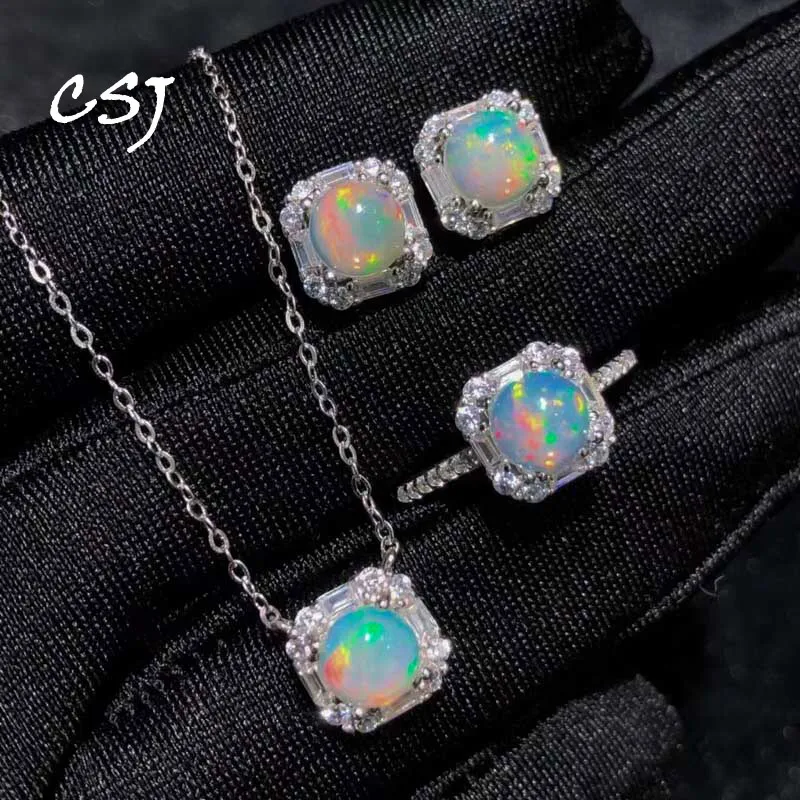 CSJ Natural Ethiopia Opal Jewelry Sets Sterling 925 Silver,Black Opal Gemstone Round 6mm for Women Wedding Birthday Party Gift