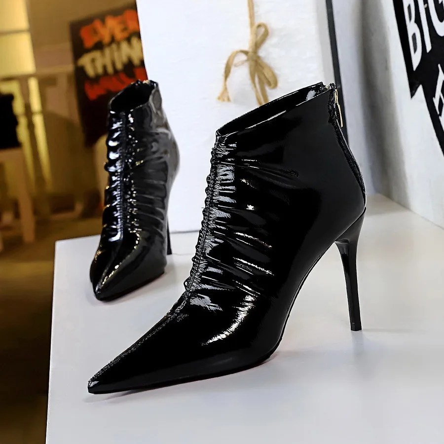 Women Pointed Toe Patent Leather Boots Thin Heels Boot Winter High Heel Ankle Boots