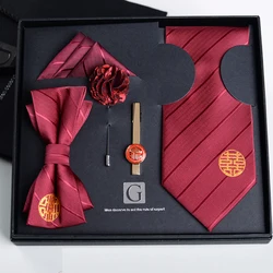 Wedding Tie Set for Men 8CM Red  Formal Party Dress Suit Necktie Bowtie Corsage Pocket Square and Ties Clip Men's Gift With Box