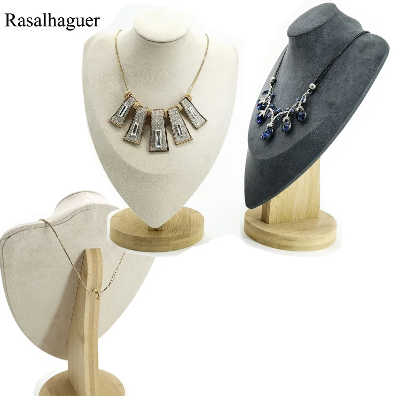 High Quality Show 3 Options Model Wooden Beige Velvet Jewlery Display Necklaces Bust Pendants Stand Choker Holder Jewlery Rack