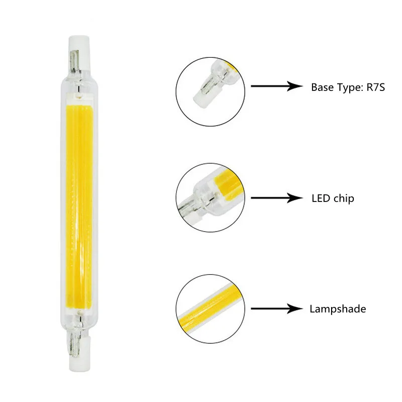 Super Bright Dimmable LED R7S Glass Tube COB Bulb Ceramics 78MM 118MM R7S Corn Lamp 15W 20W 30W 40W Replace Halogen Lampadas