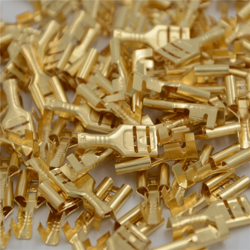 100pcs 4.8mm/6.3mm  Gold Brass Car Speaker Electric Wire Connectors Set Female Crimp Terminal Connector