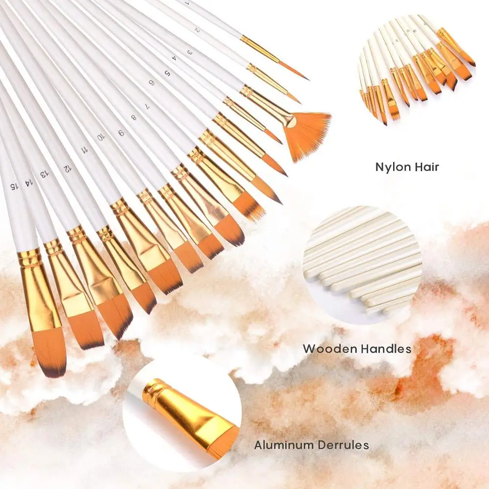 15Pcs Artist Painting Brush Set Wood Handles Paint Brushes Hair with Free Painting Knife&Sponge Body Paint Acrylics Oil Painting