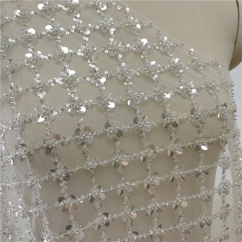 New Silver Plum Grid Beaded Embroidery Fabric Wedding Cheongsam Dress Lace Fabric DIY Handmade