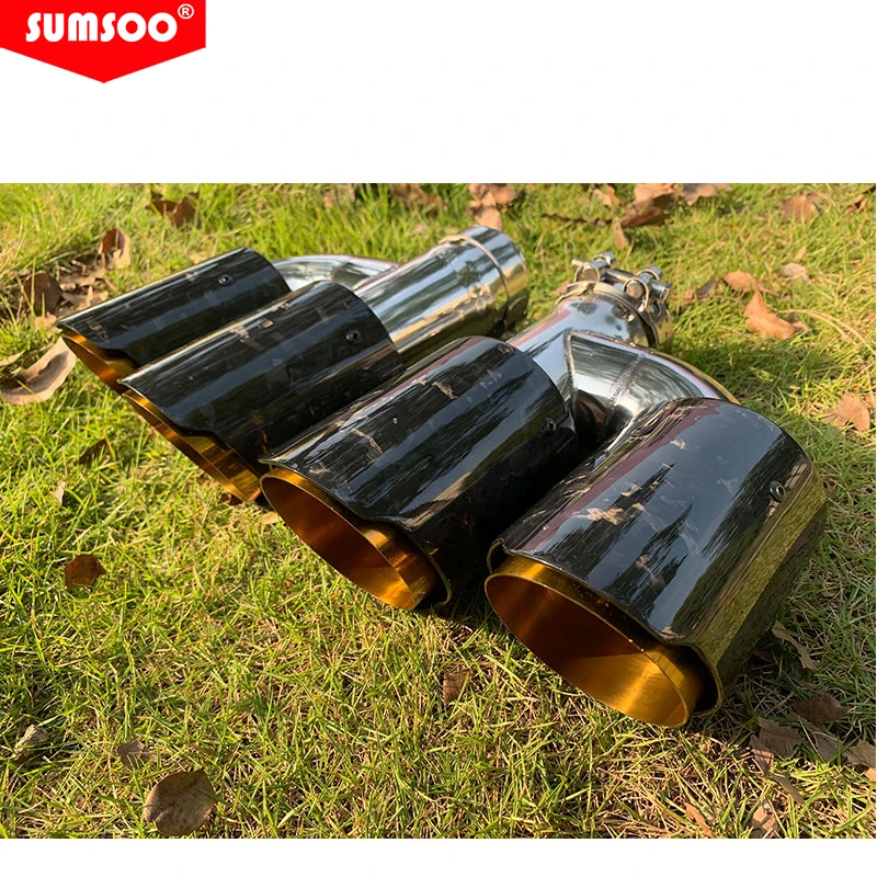 Genuine SUMSOO Htype Forged Carbon Fiber +gloosy Gold Stainless Steel Car Dual Exhaust Tip Double End Pipe  Modification Muffler