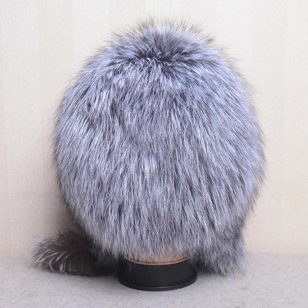 Natural Fox Fur Hats for Women Real Fur Beanies Cap Knitted Hats Russian Winter Thick Warm Fashion Caps Silver Fox Fur Hats lady