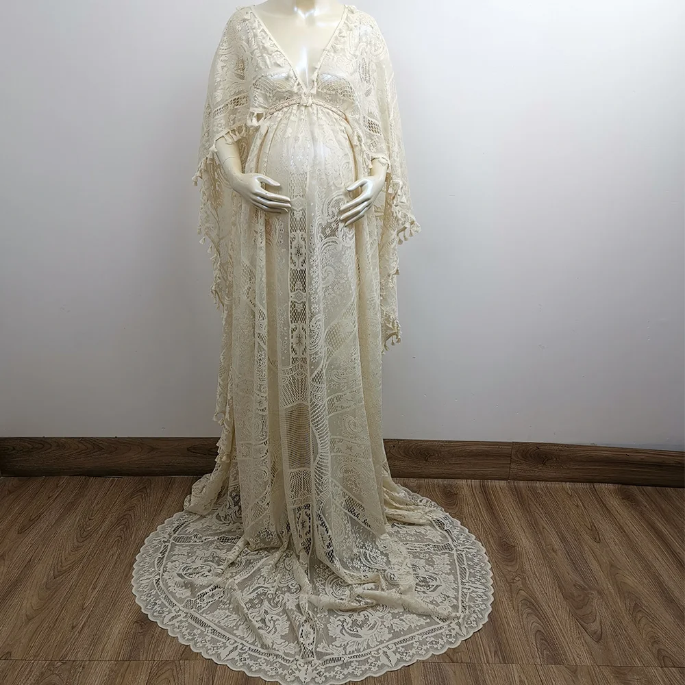 Don&Judy Photo Shoot Free Size Lace Maternity Gown with Round Cape Evening Party Dress for Pregnant Women Maternity Photography