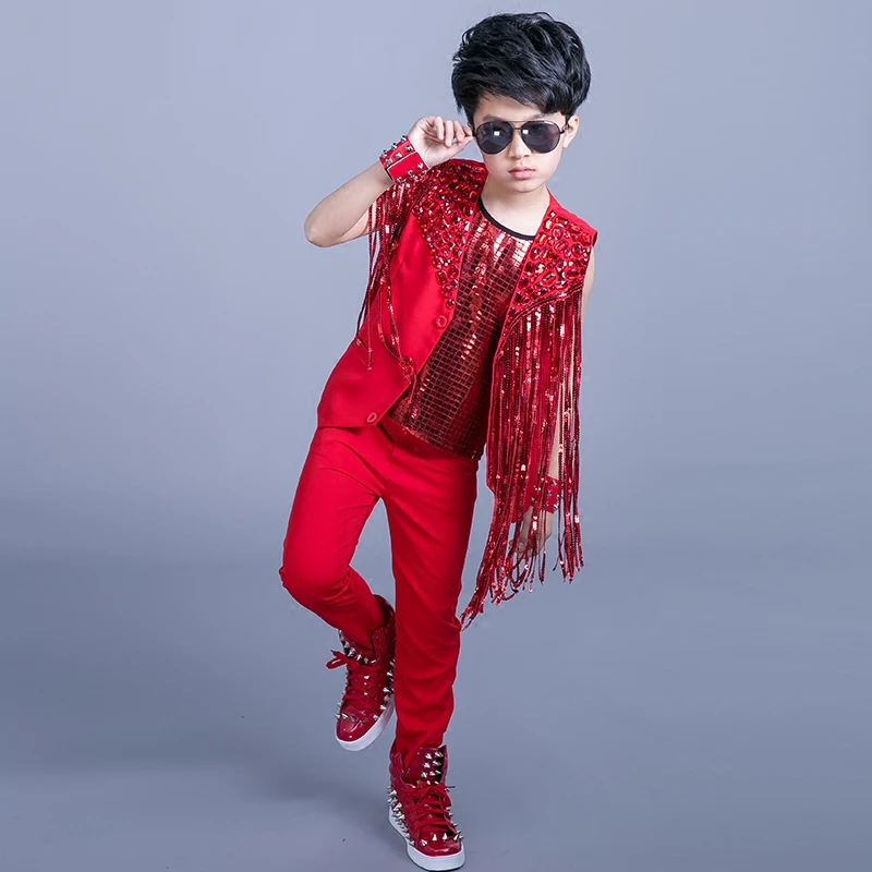 Jazz Dance Costumes Boys Red Fringed Coat Kids Hip Hop Street Dancewear Children Rave Clothes Performance Stage Outfit DNV11848