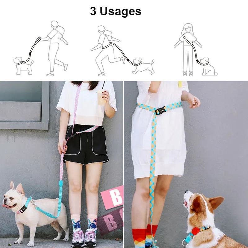 Handsfree Bungee Dog Leash Extension Retractable Reflective Nylon Padded Double Handle Leash For Hiking Running Small Large Dogs