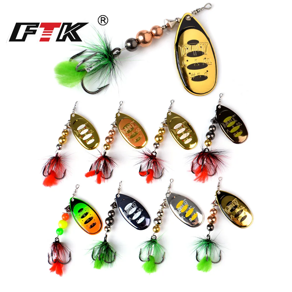 FTK 1pc Fishing Lure Spinner Bait 8 colors 12g Wobblers Spoon Lures Pike Metal Bass Hard Bait With Feather Treble Hooks