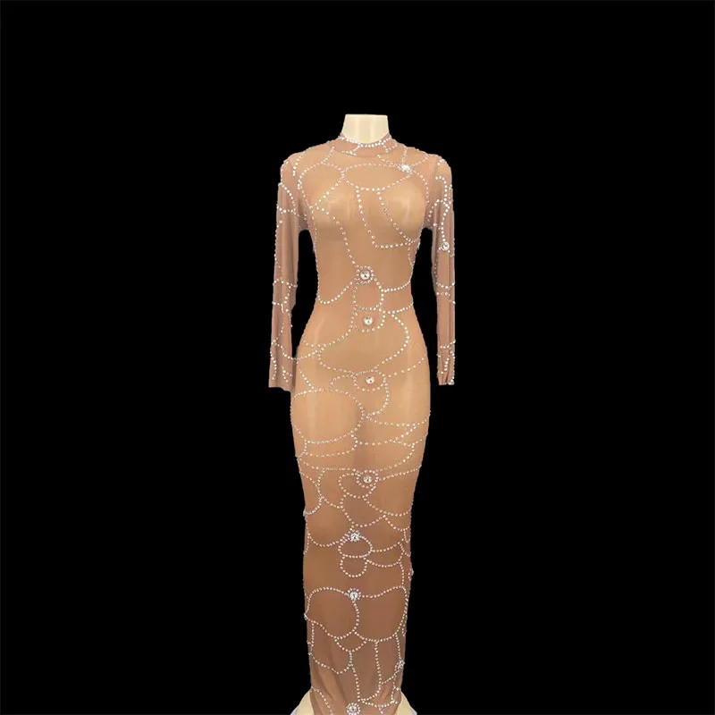 

Silver Rhinestone Flower Pattern Transparent Long Dress Birthday Celebrate Outfit Women Dancer Show Wear Prom Dresses