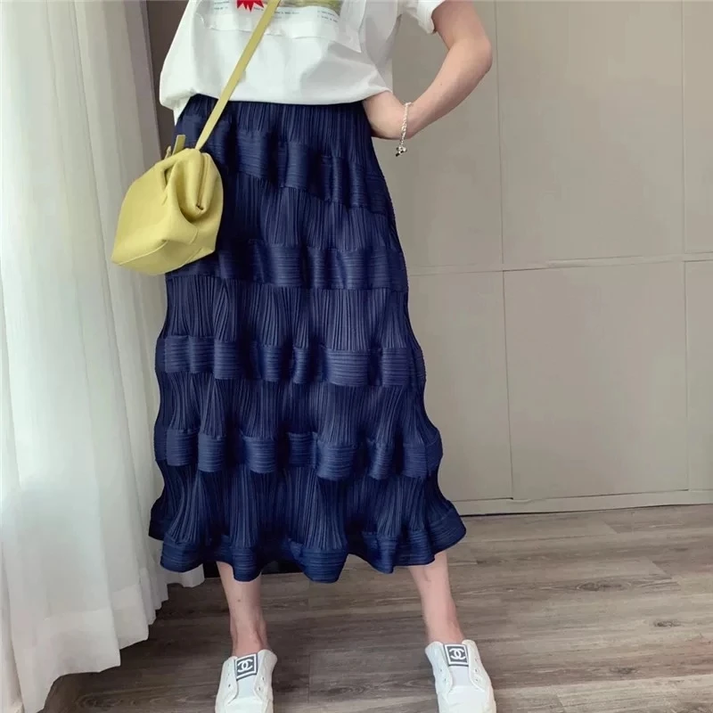 NewMiyake Relief Pleated Big Wave in High Waist High Texture Vintage ChicWestern Style Splicing Slim Skirt Spot Summer 2021