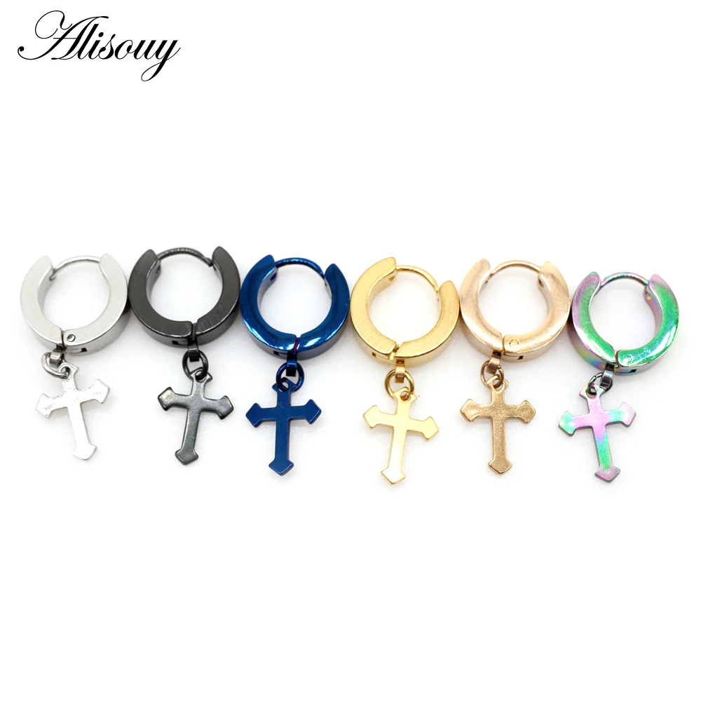 Alisouy 2 pc Unisex Women Men Cross Drop Earrings Hoop Ring Earrings in Stainless Steel Girl Street Nightclub Pendant jewelry