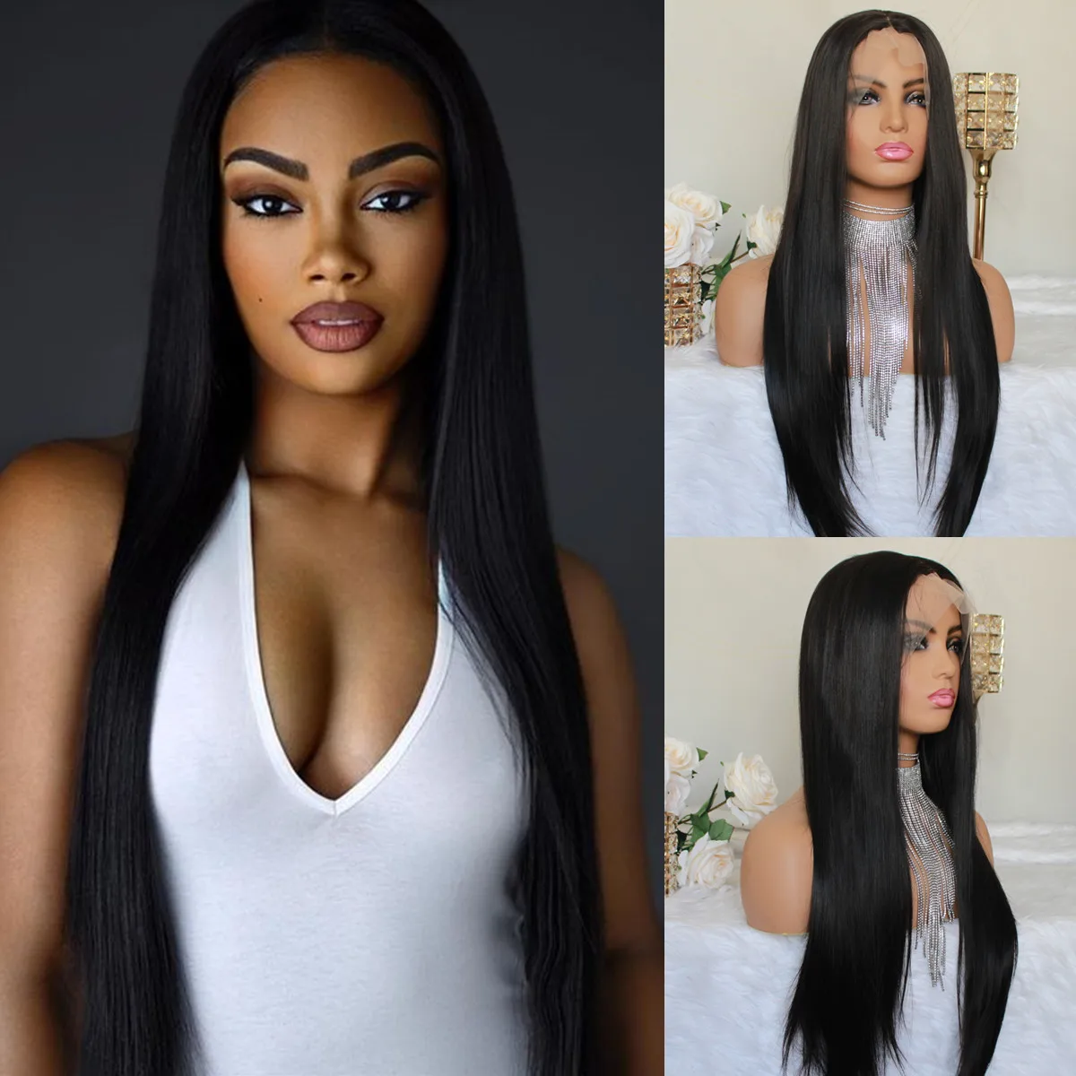 

Straight Lace Front Wigs Long Straight Hair 200 Density Natural Black Color Middle Part Synthetic Heat Resistant Wig for Women