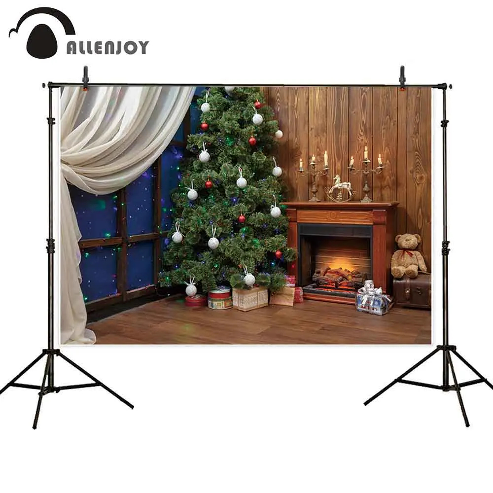 Allenjoy Christmas photography background tree room window fireplace candle wood photophone backdrop photo studio photocall